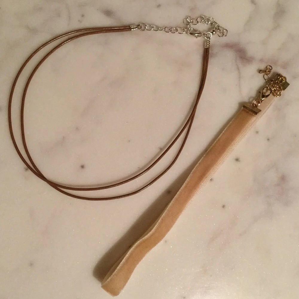 double strap brown leather & tan velvet choker set